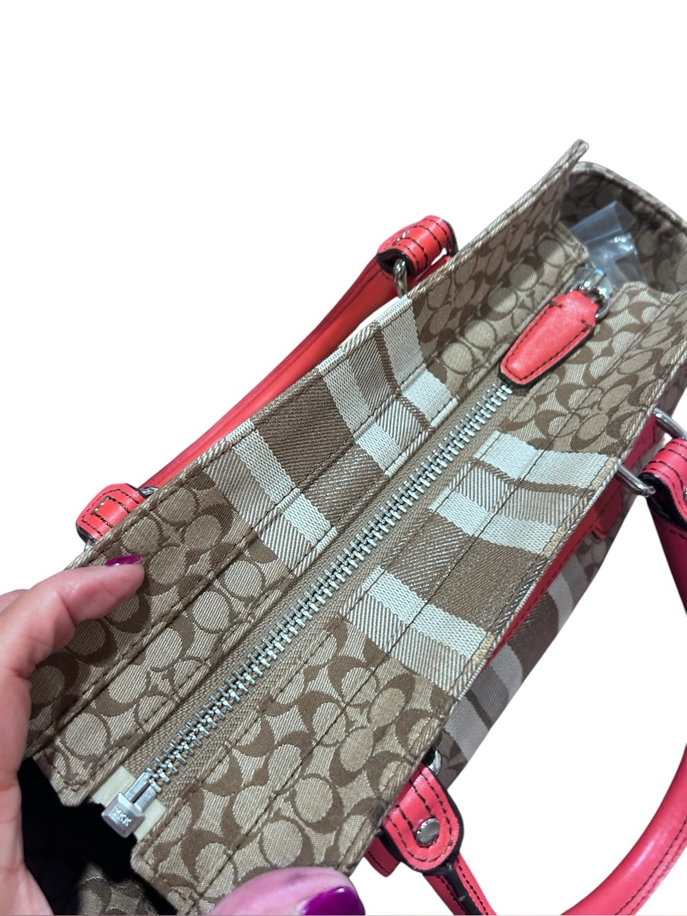 Coach Beige Signature Stripe East West Satchel - Picture 8 of 10